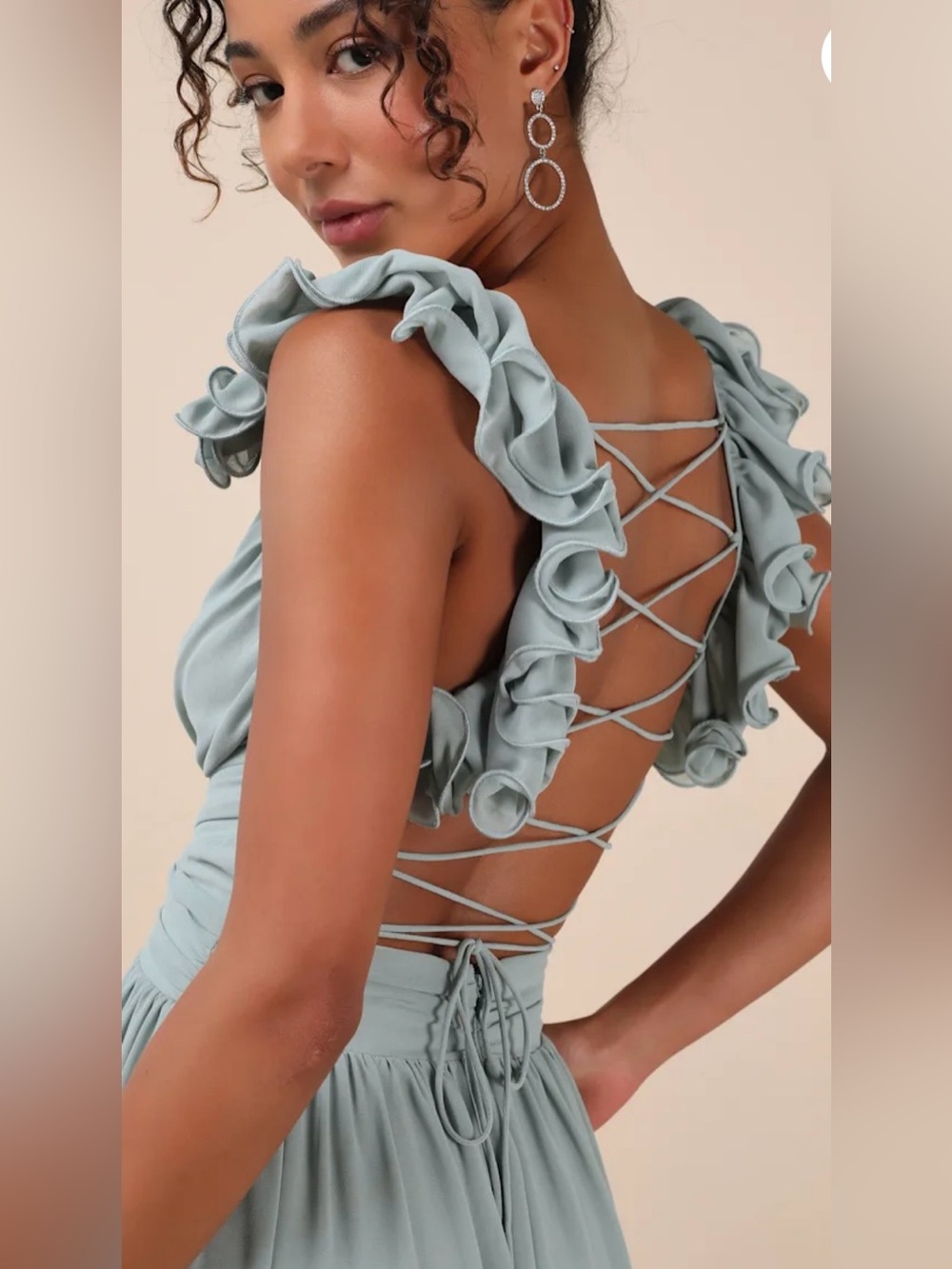 Lulus Sage Green Ruffle Lace-Up Back Maxi Dress NWT Medium - Picture 4 of 9